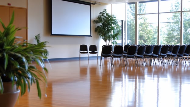 A spacious meeting room with chairs and a projector screen. photo