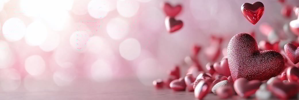 A romantic scene featuring scattered hearts with a soft, dreamy background. photo