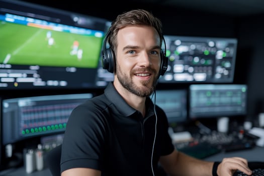 A focused individual in a control room, managing live sports coverage. photo