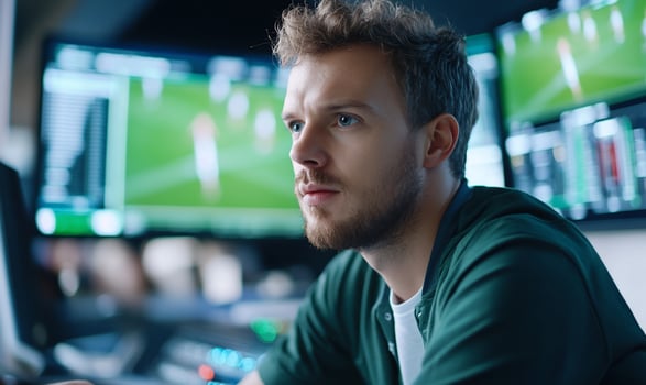 A focused man in a control room with sports monitors in the background. photo
