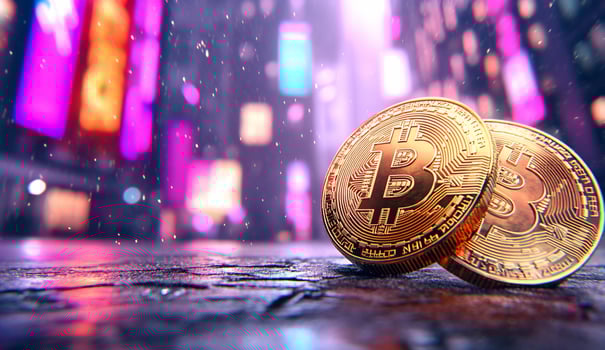 Two Bitcoin coins on a wet surface in a vibrant urban setting. photo