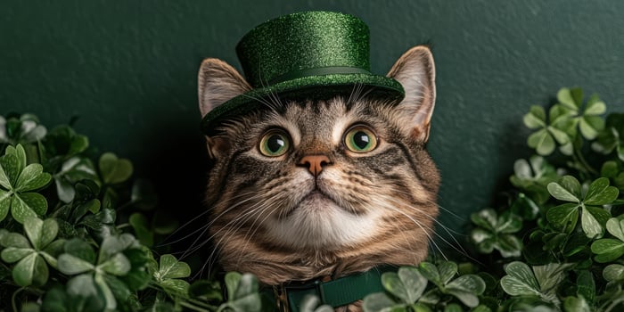 Adorable tabby cat wearing a green top hat surrounded by shamrocks photo