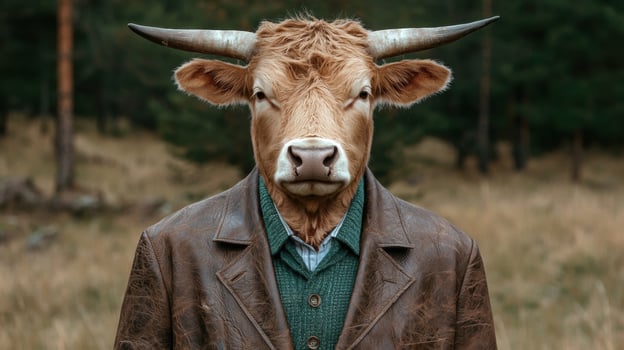 Cow in a brown leather jacket photo