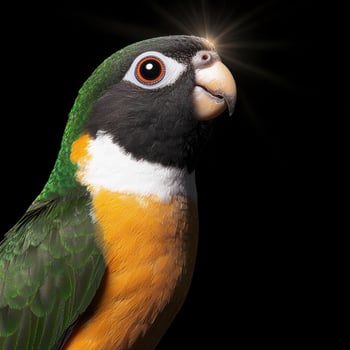 Close up portrait of a vibrant green and orange parrot against a black background photo