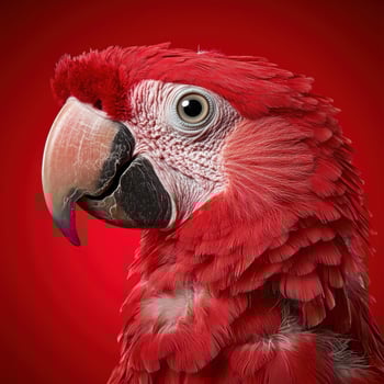 Close up portrait of a scarlet macaw against a red background photo