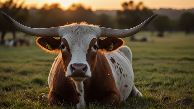 Texas longhorn cow lying down on the grass at sunset on the pasture photo