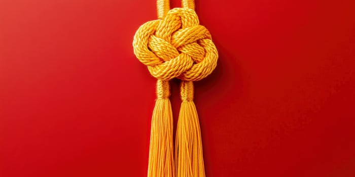 A yellow knot tied to a red wall photo