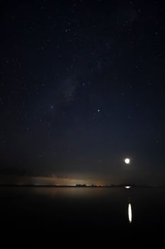 Vertical image of Stardust in the night with noise and grain on the sky with soft light of city in bottom photo