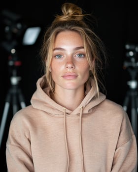 Young woman with freckles in beige hoodie photo