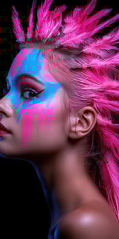 Woman with pink feathers in hair and blue and pink face paint photo