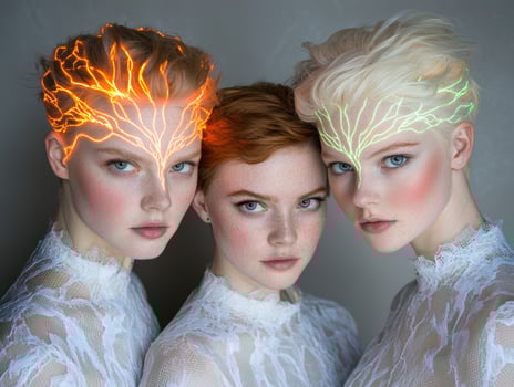 Three women with glowing headbands pose for a fashion shoot photo