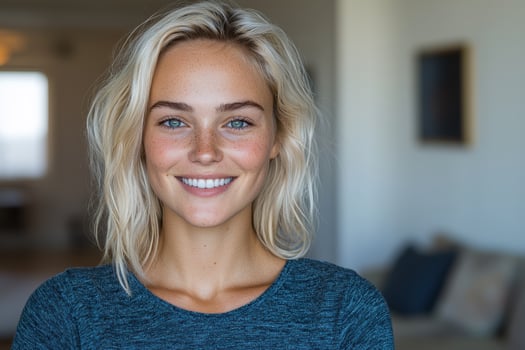 Portrait of a smiling woman with freckles and blonde hair photo