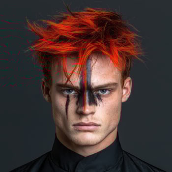 Fierce red haired model with dramatic makeup and black clothing photo