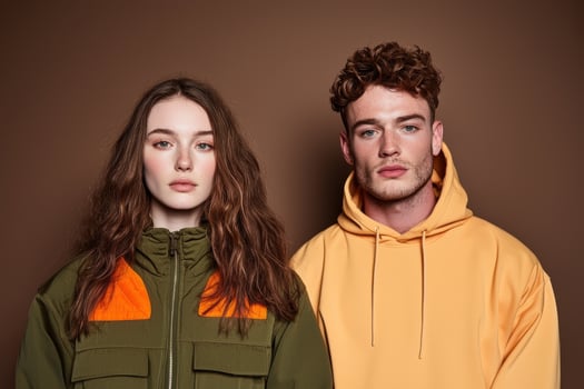 Young man and woman in stylish hoodies posing against a brown background photo
