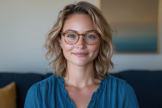 Smiling woman with glasses looking at the camera photo