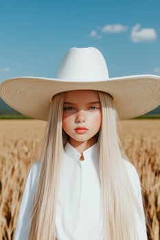 Girl in white hat and shirt in wheat field photo