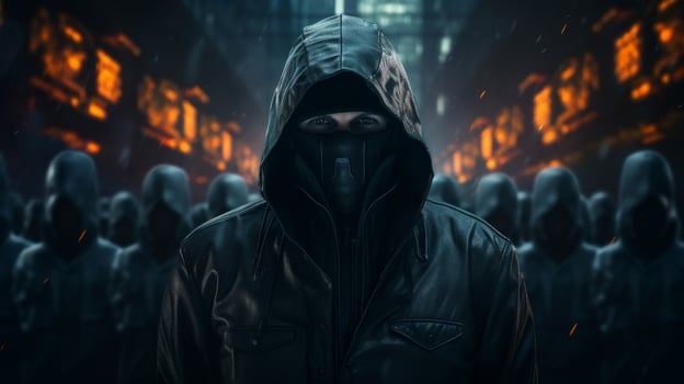 Mysterious hooded figure in dark urban setting photo