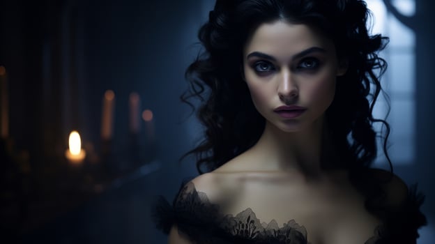 Mysterious woman with dark curly hair in dramatic lighting photo