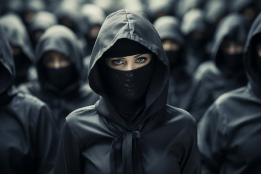 mysterious hooded figure in a crowd photo