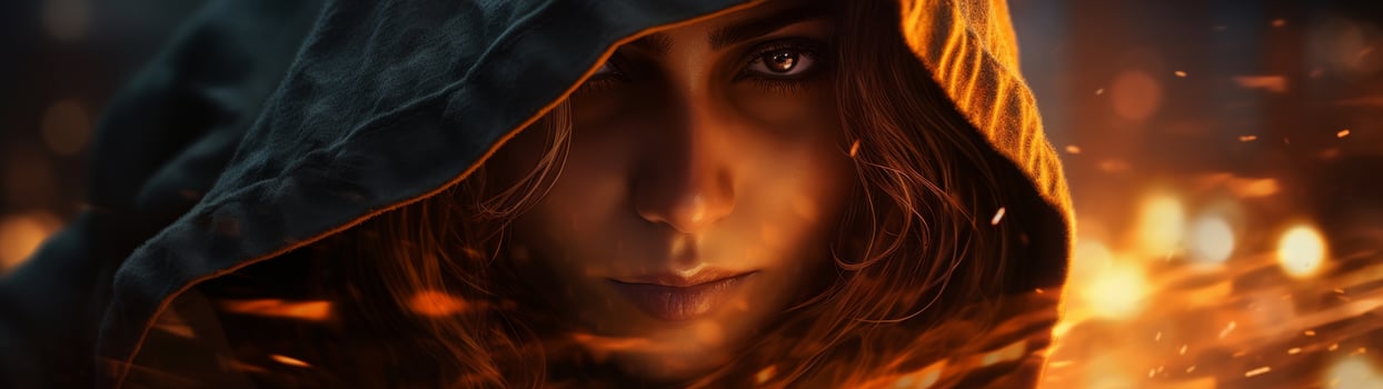 mysterious woman in dark hooded cloak photo