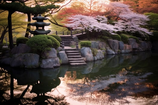 Serene japanese garden with cherry blossoms and reflection photo