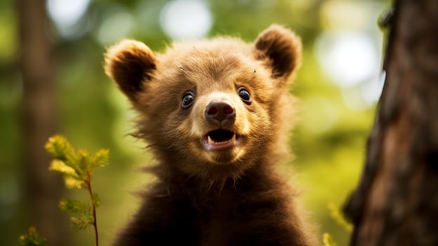 Cute baby bear in the forest photo
