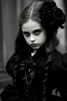 Somber young girl in black dress with flower headpiece photo