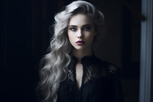 Dramatic portrait of a woman with long wavy blonde hair photo