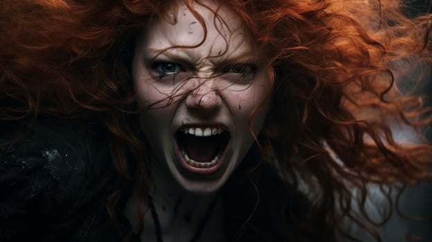 Intense expression of a woman with wild red hair photo