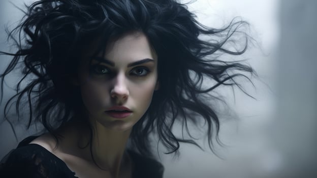 Intense gaze of a mysterious woman with windblown hair photo