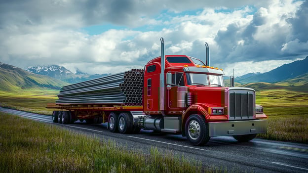 A truck pulling a flatbed trailer with large steel beams photo