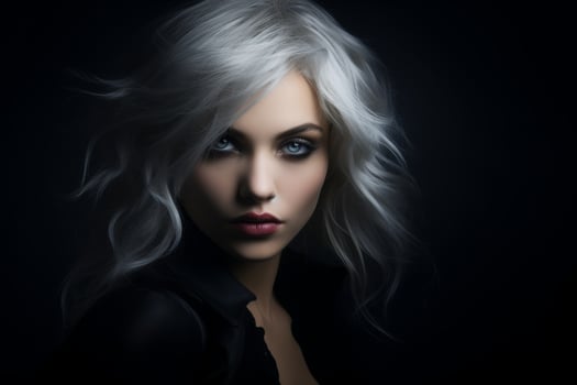 Dramatic portrait of a woman with striking silver hair photo