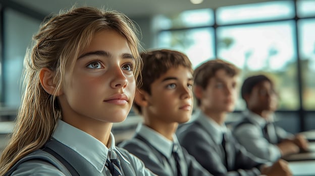 Students in school uniforms sit in the classroom and listen to the teacher photo