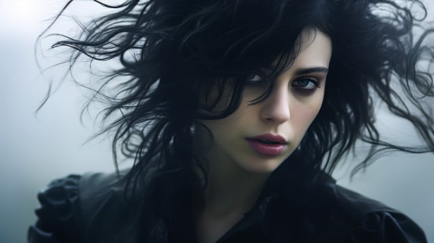 Mysterious woman with windblown dark hair photo