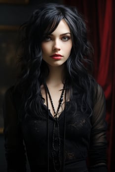 Mysterious woman with dark hair and red lips photo