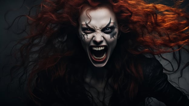 Terrifying demonic face with glowing eyes and sharp teeth photo
