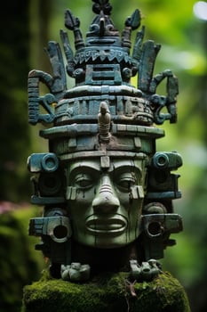 Ornate ancient stone statue in lush forest photo
