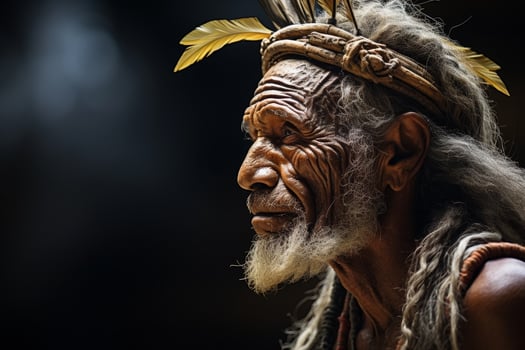 Closeup portrait of an indigenous elder with traditional headpiece photo