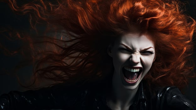 Intense expression of a woman with fiery red hair photo