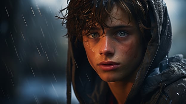 Intense gaze of a young person in the rain photo
