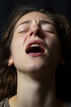 Close up portrait of a woman with eyes closed and mouth open in an expressive emotional pose photo