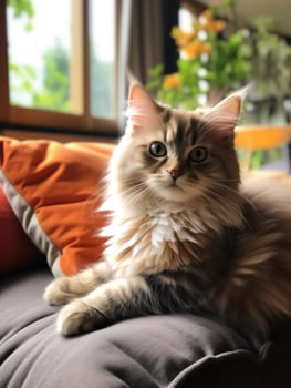 Fluffy cat sitting on couch by window photo