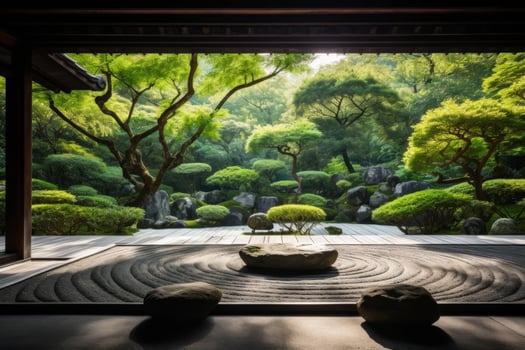 serene japanese zen garden with lush foliage photo