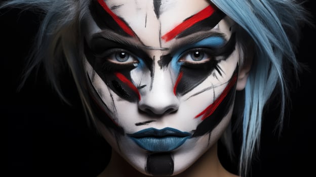 Dramatic face makeup with blue and red accents photo
