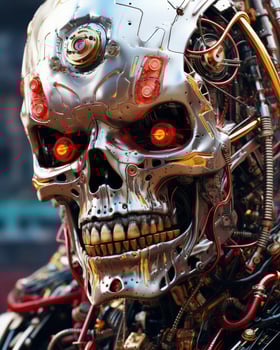 Futuristic cyborg skull with glowing red eyes photo