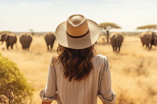 woman in safari hat observing elephants in the distance photo