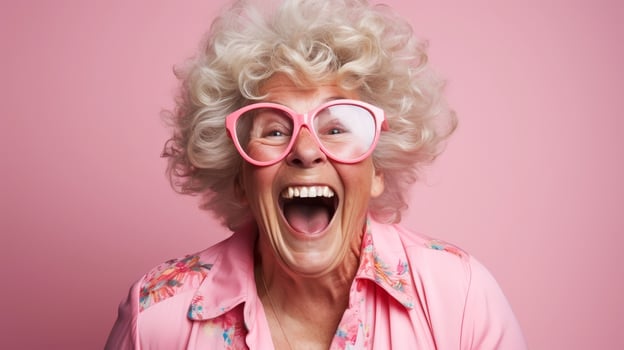 Cheerful senior woman with curly hair and pink glasses photo
