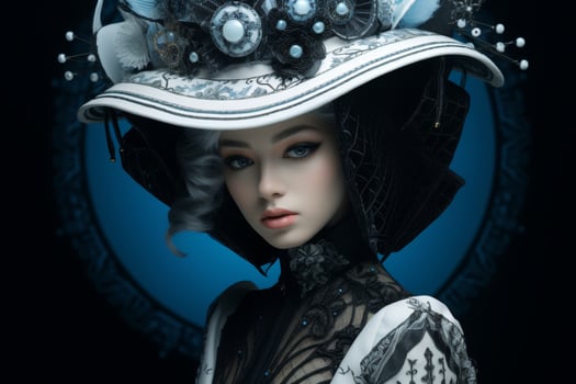 Elegant woman in ornate hat and dress photo