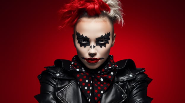 Punk rock woman with red and white hair and dramatic makeup photo