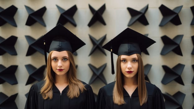 two graduates in black gowns and caps against a backdrop of black stars photo
